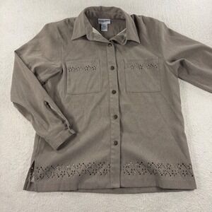 Alfred Dunner Shirt Women 6P Taupe Brown Excellent Faux Suede Eyelet Button Down